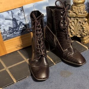 Miista Dark Brown Croc Lace-Up Boots